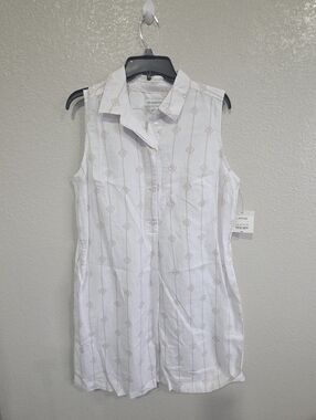 Sleeveless White Button Dress with Beige